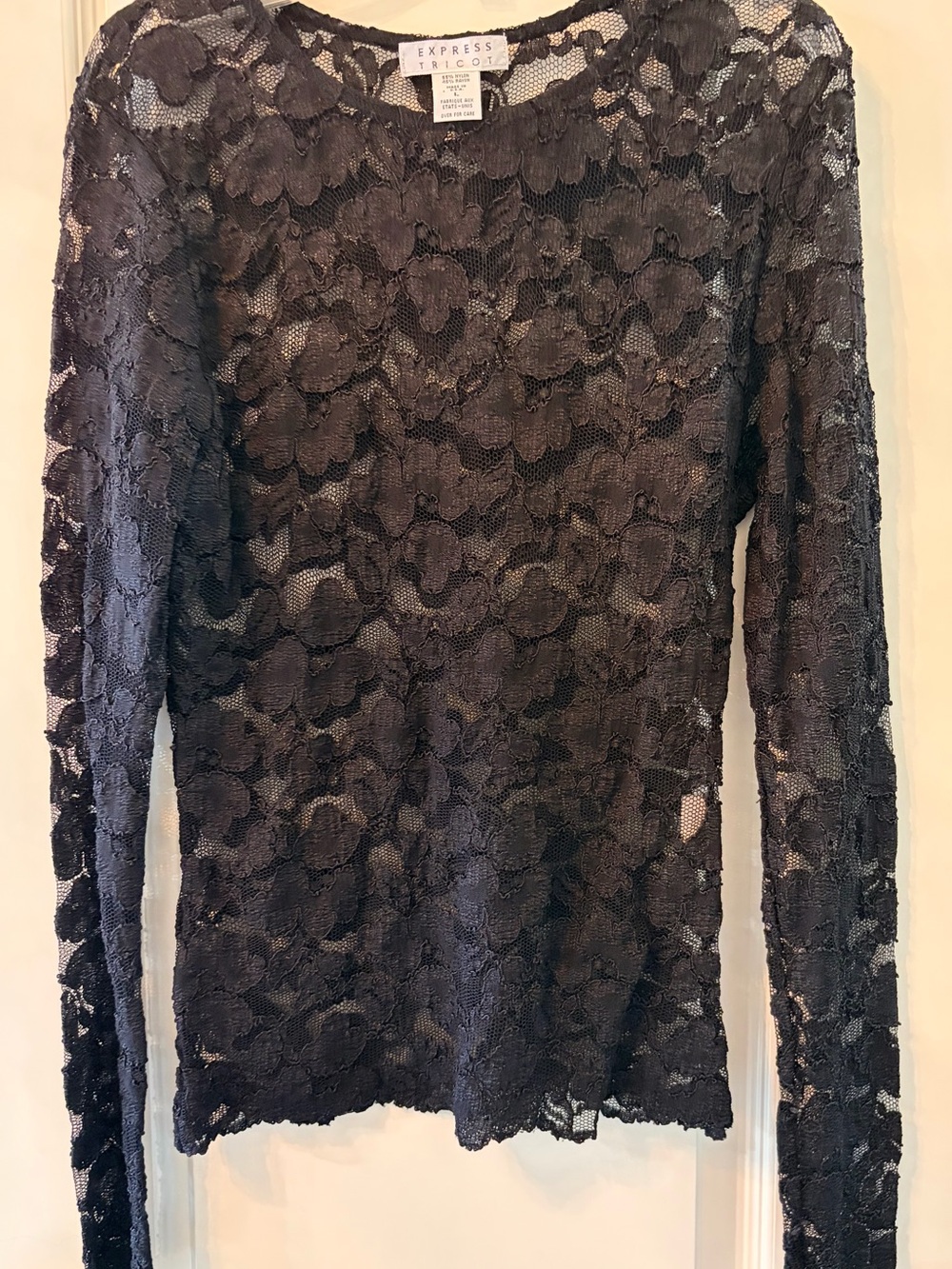 Express Tricot Black Floral Lace Long Sleeve See Through Top